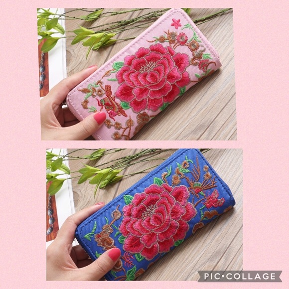 Colorful Rose Embroidery Wallet. Pink or Blue - Picture 1 of 5